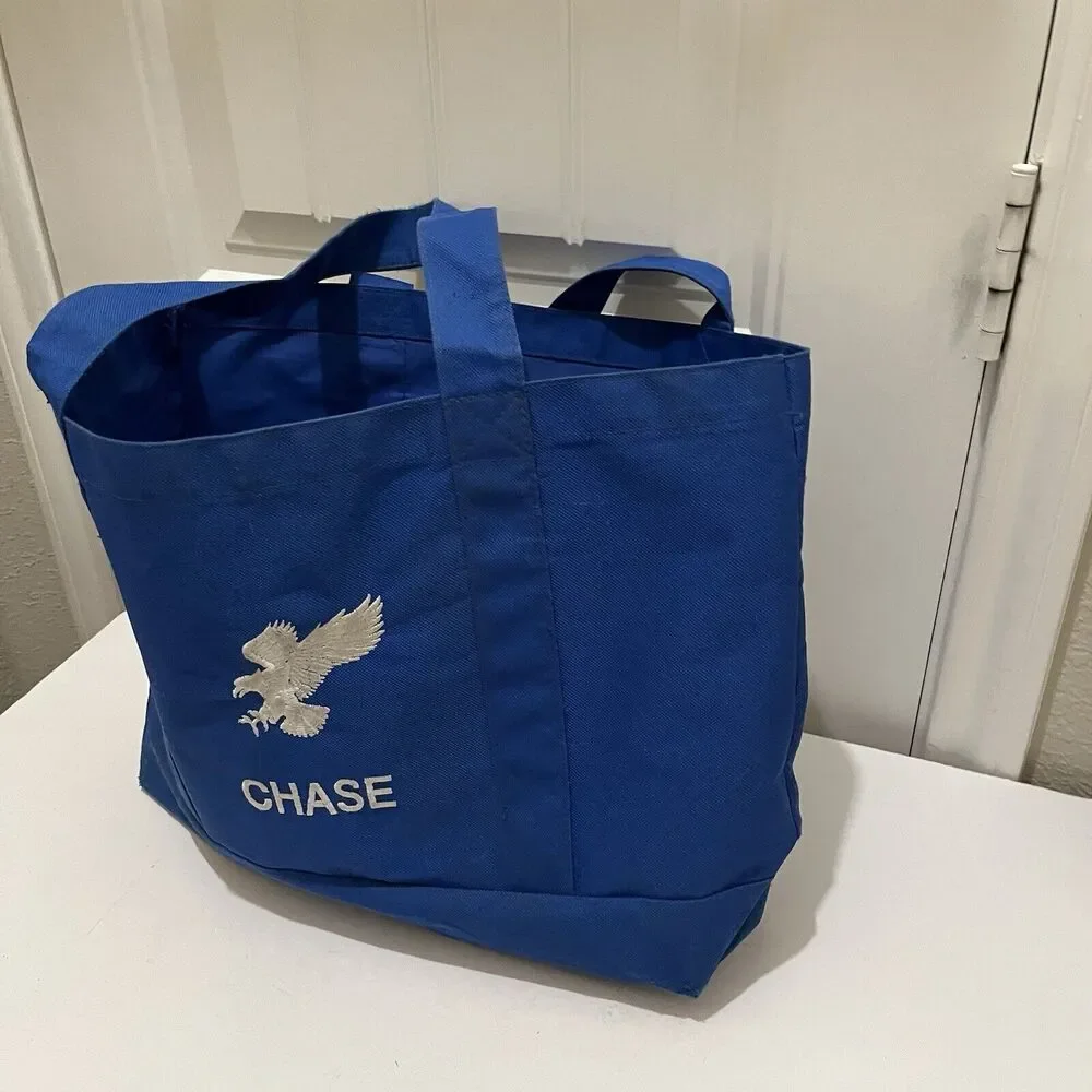 Chase Eagle Bird Blue White Embroidered Canvas Double Handles Tote Bag 11X14